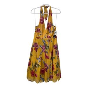 Adrianna Papell Size-10 Women's Midi Dress Halter Yellow Floral Silk $160